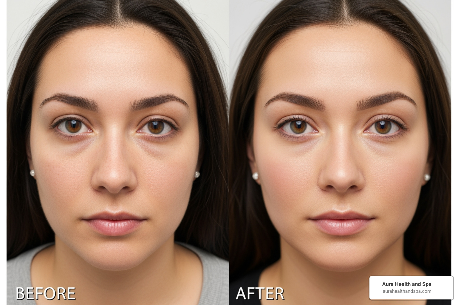 Before and after comparison of a person who received tear trough filler, showing reduced hollows, diminished dark circles, and smoother skin under the eyes - tear trough filler for wrinkles
