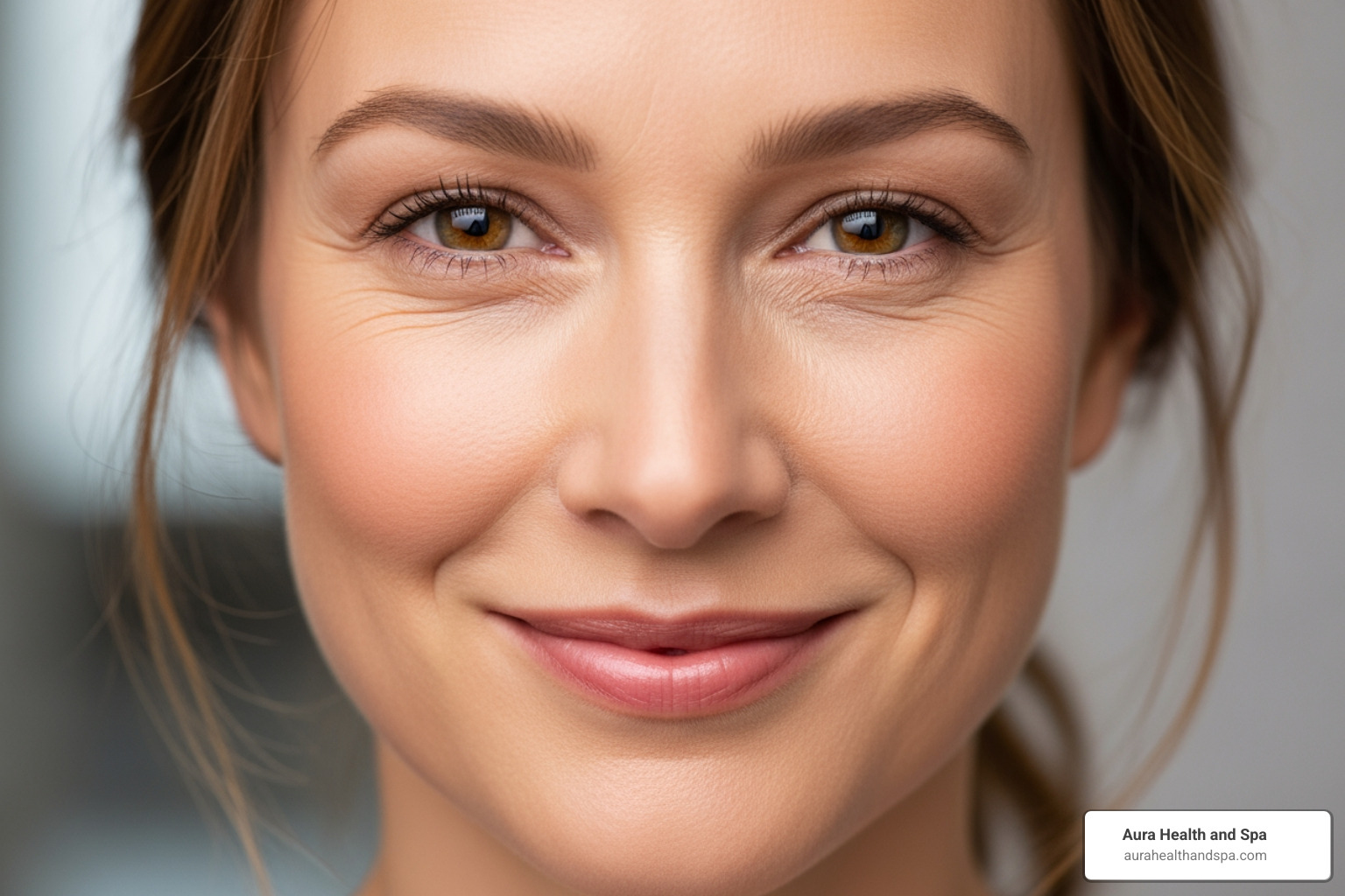Image of a woman smiling, highlighting her under-eye area with subtle hollows but good skin elasticity, representing an ideal candidate for tear trough filler - tear trough filler for wrinkles