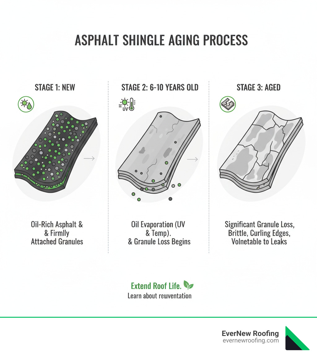 Infographic showing the asphalt shingle aging process: Stage 1 shows new shingles with oil-rich asphalt and firmly attached granules; Stage 2 shows 6-10 year old shingles with oil evaporation from UV exposure and temperature changes; Stage 3 shows aged shingles with significant granule loss, brittle texture, curling edges, and increased vulnerability to cracking and leaks - asphalt shingle rejuvenation infographic 
