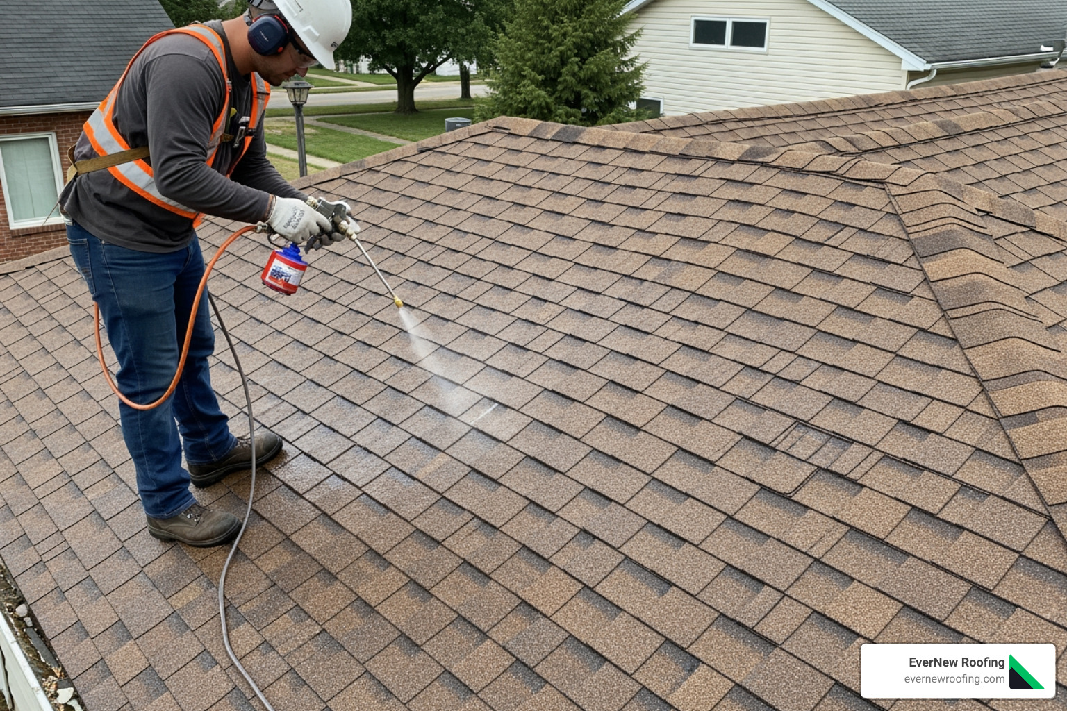 technician applying rejuvenation treatment - asphalt shingle rejuvenation