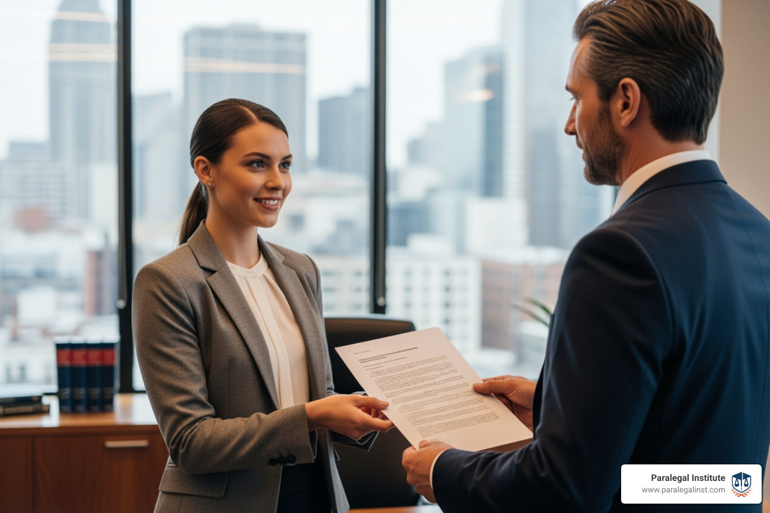 Paralegal confidently handing a document to an attorney - schooling for paralegal