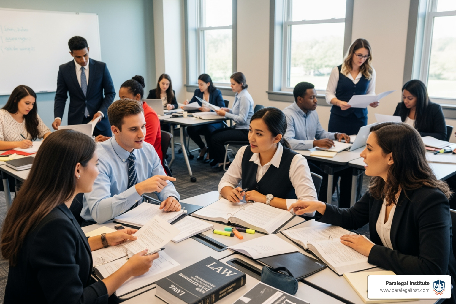 Students reviewing legal documents in a classroom setting - schooling for paralegal