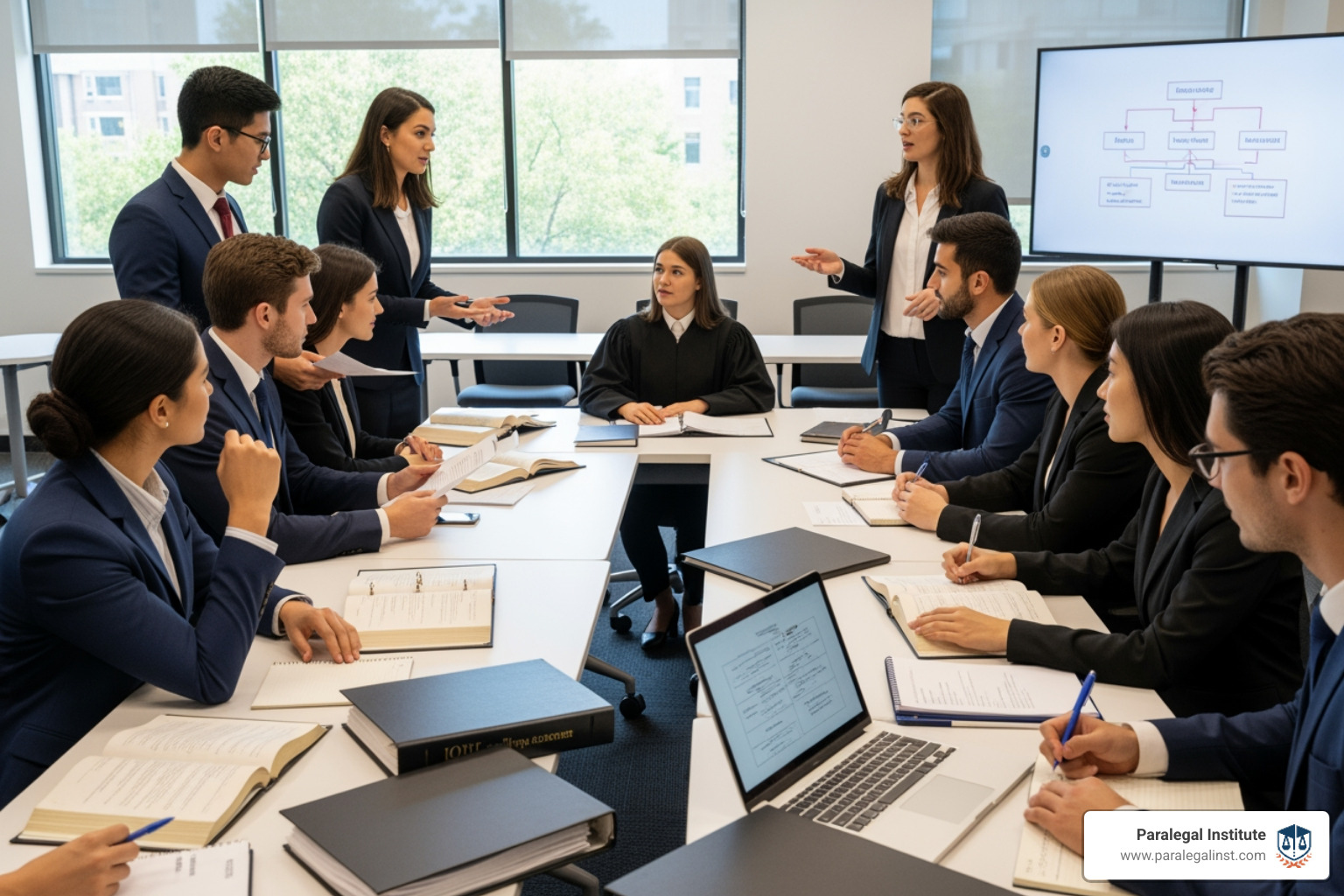 Students engaged in a mock trial or collaborative workshop setting - schooling for paralegal
