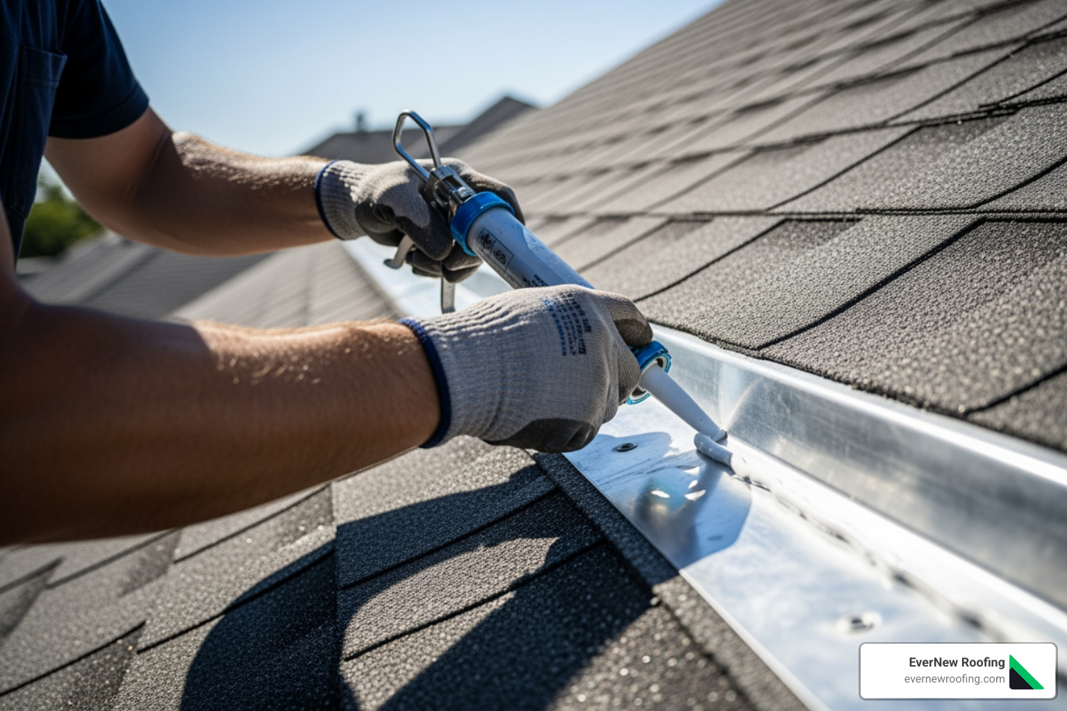 roofer performing roof tune-up on flashing - asphalt shingle rejuvenation