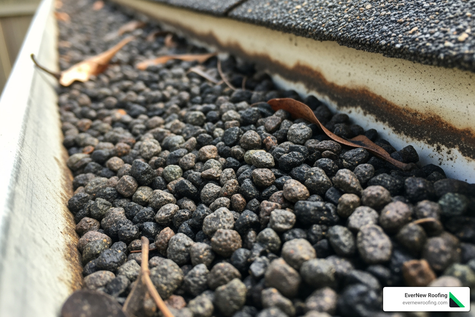 shingle granules in a gutter - asphalt shingle rejuvenation