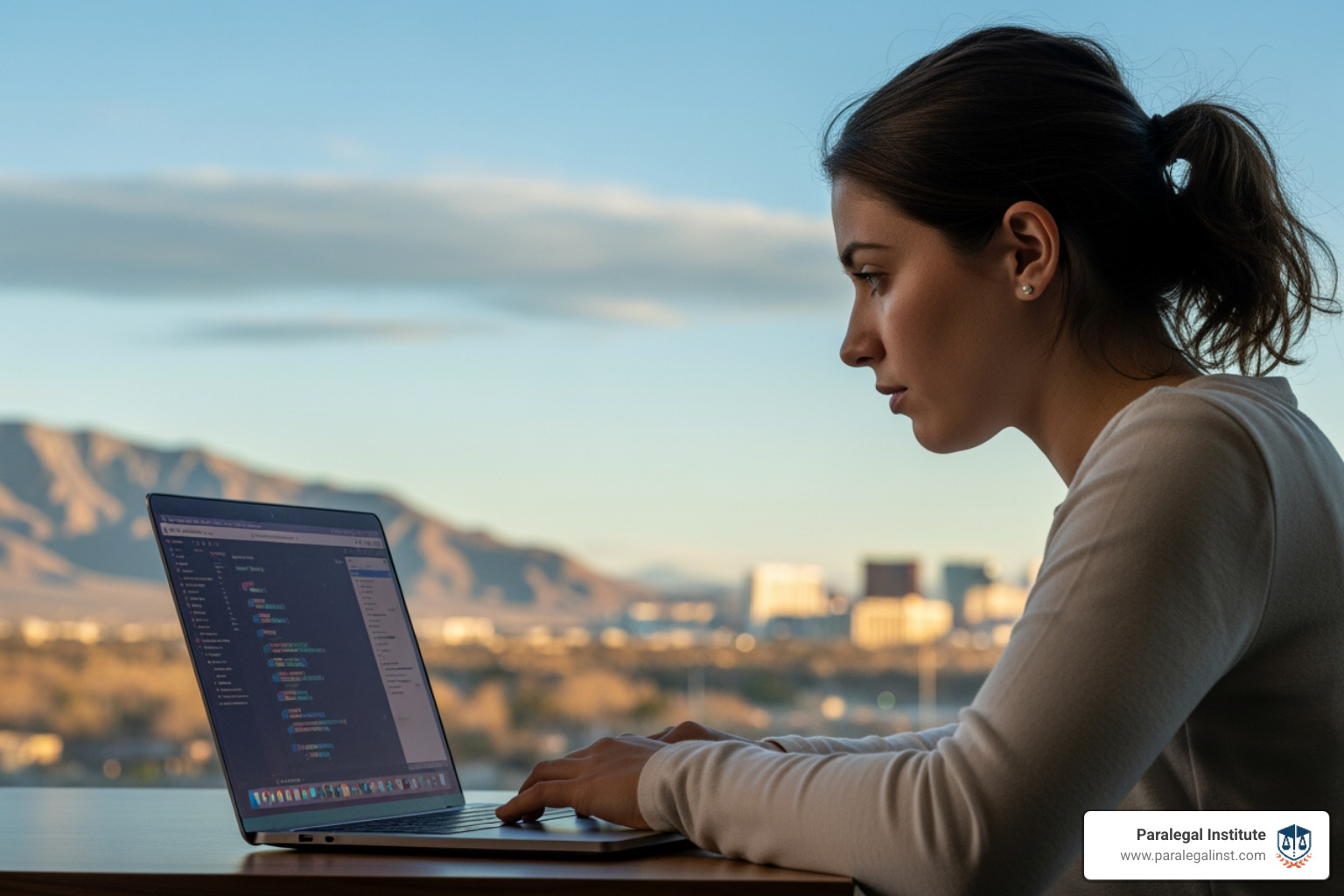 student studying on a laptop with a Nevada-themed background - paralegal certificate online NV