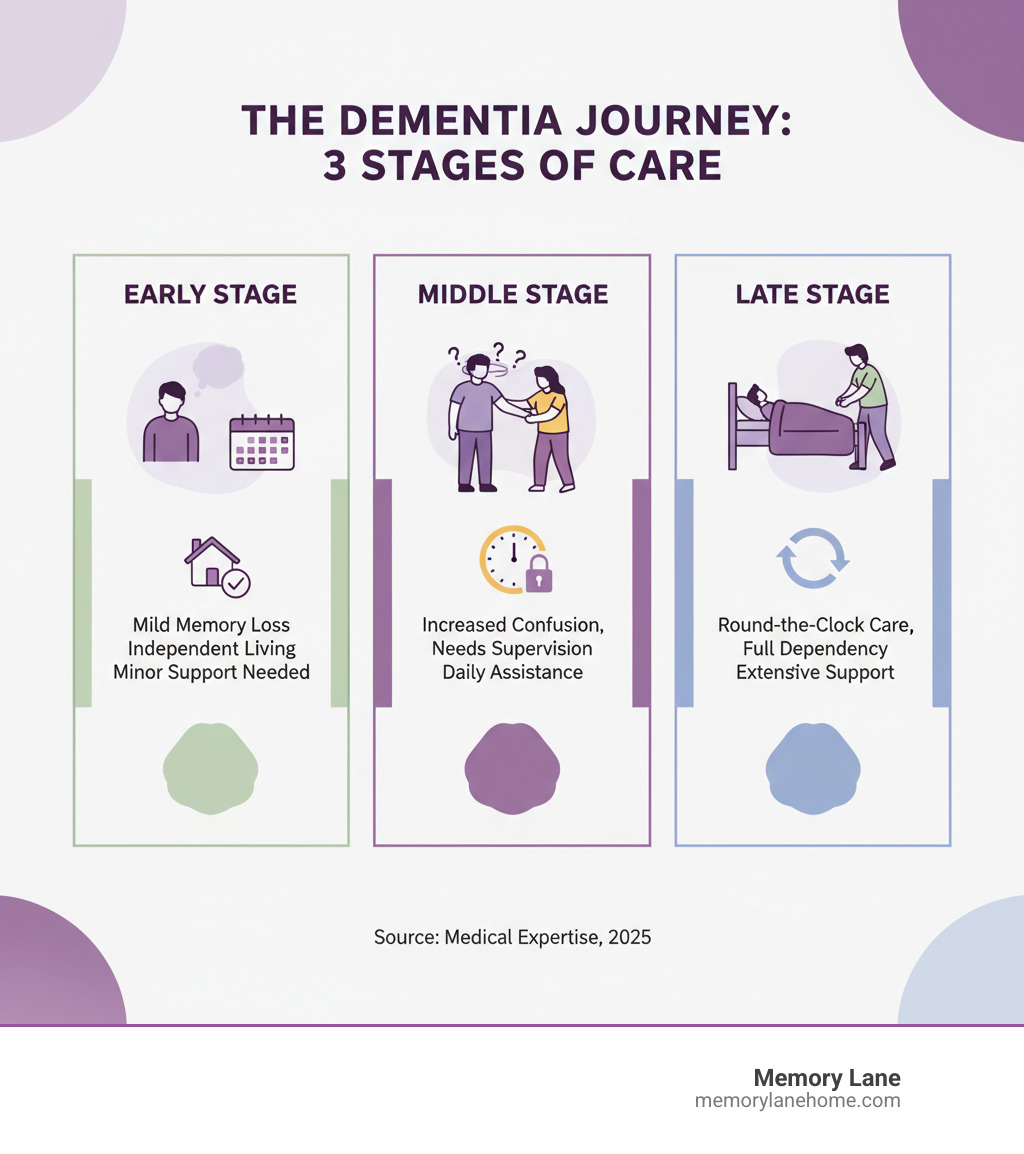 infographic showing the three stages of dementia: Early stage with mild memory loss and independence, Middle stage with increased confusion and need for supervision, and Late stage requiring round-the-clock care - dementia care advice infographic
