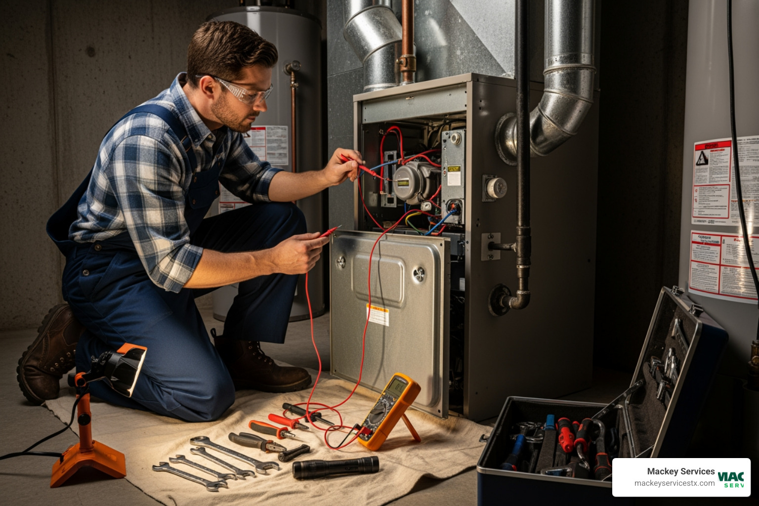 Technician performing furnace maintenance - no heat from furnace repair la porte