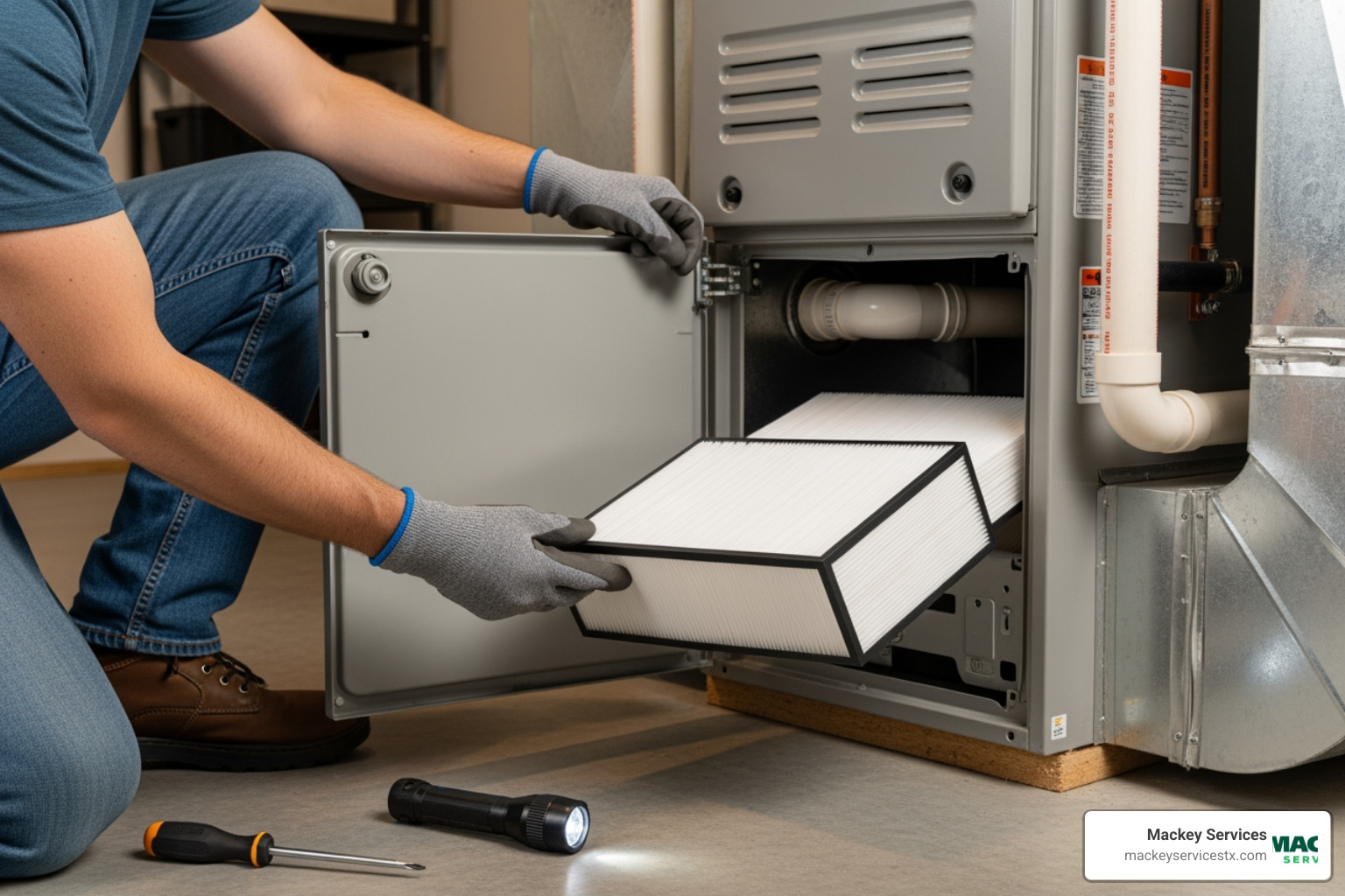 Homeowner checking a furnace air filter - no heat from furnace repair la porte