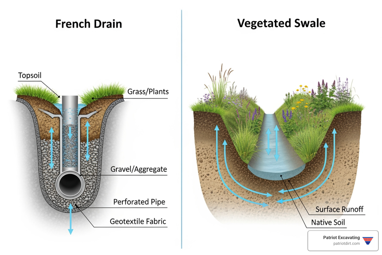 cross-section of a French drain and a vegetated swale - stormwater drainage solutions