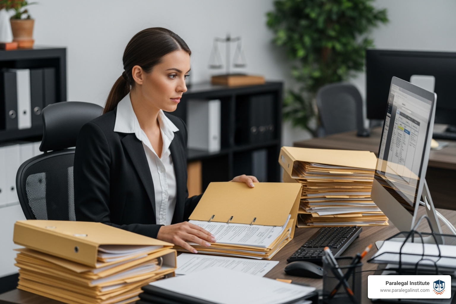 A paralegal organizing case files and using legal software to manage documents and schedules - paralegal career advice A paralegal organizing case files and using legal software to manage documents and schedules - paralegal career advice