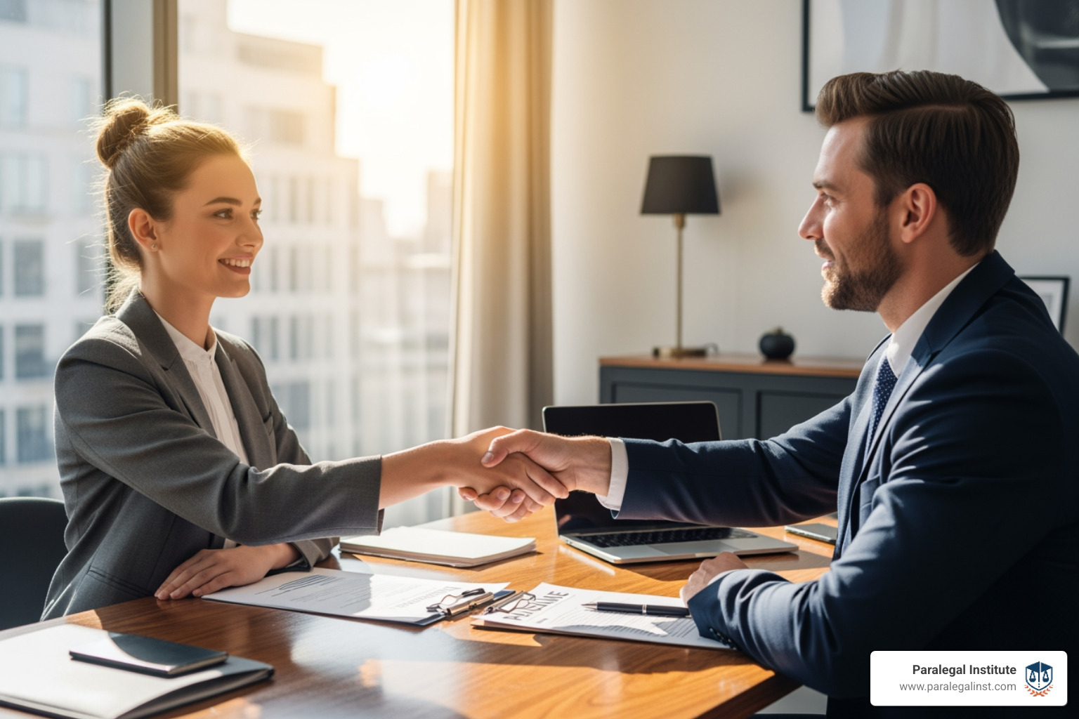 A paralegal confidently shaking hands with a hiring manager during a job interview - paralegal career advice A paralegal confidently shaking hands with a hiring manager during a job interview - paralegal career advice