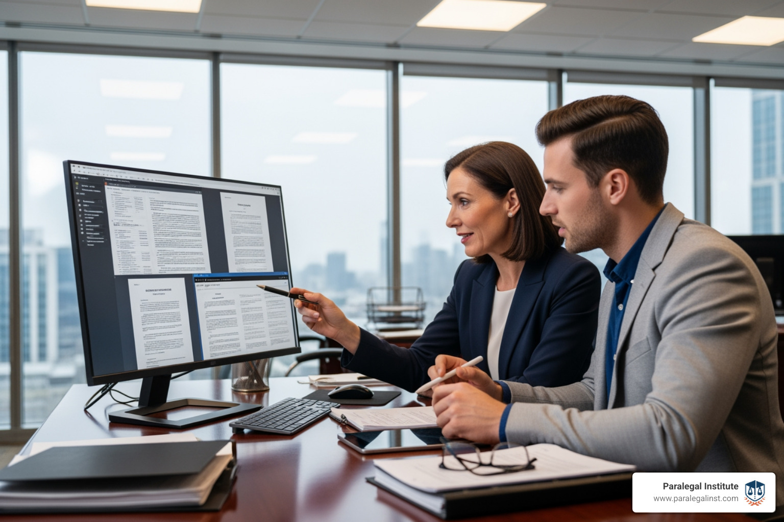A senior paralegal mentoring a junior colleague in a law office, discussing case documents on a computer screen - paralegal career advice A senior paralegal mentoring a junior colleague in a law office, discussing case documents on a computer screen - paralegal career advice
