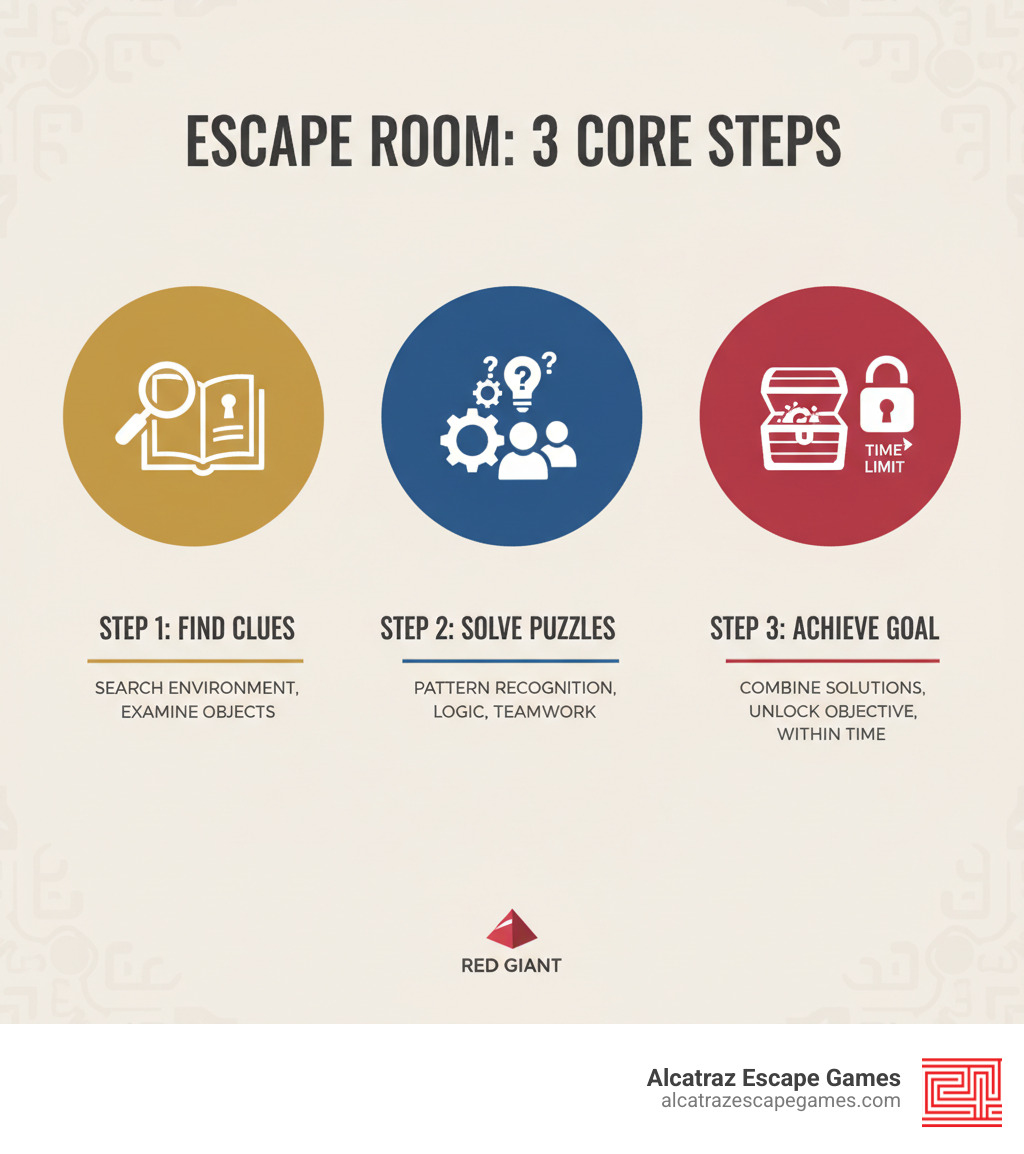 Infographic showing the 3 core steps of completing an escape room: Step 1 - Find Clues by thoroughly searching the environment and examining objects, Step 2 - Solve Puzzles using pattern recognition, logic, and teamwork, Step 3 - Achieve Goal by combining solutions to unlock the final objective within the time limit - red giant escape room infographic 