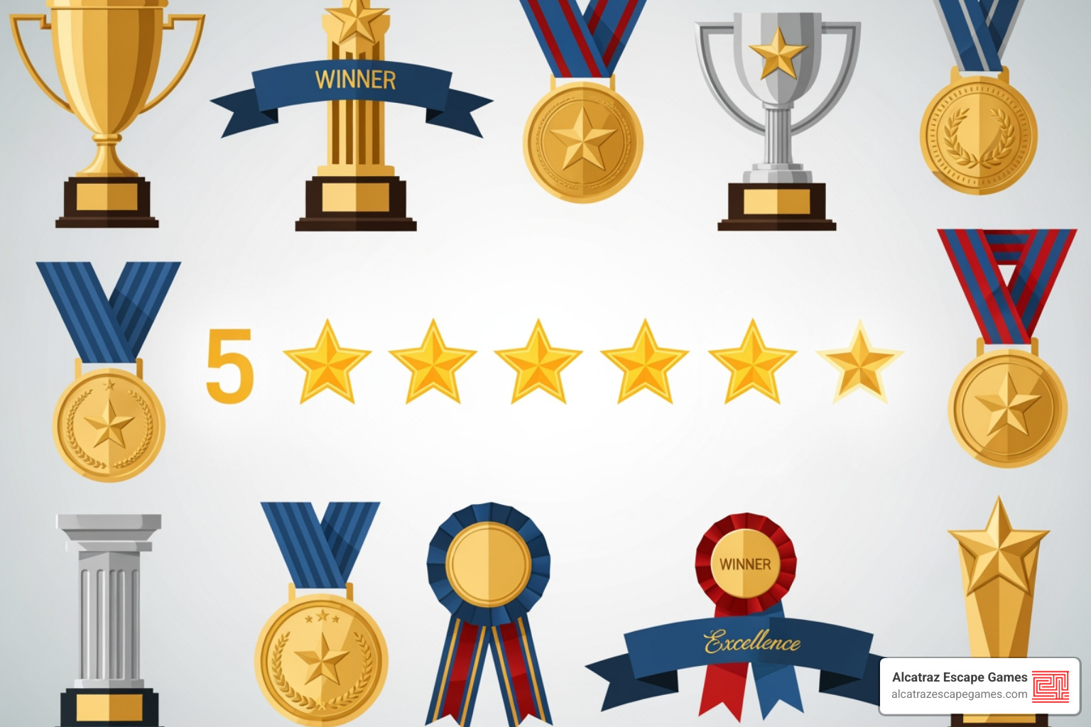 A collection of award logos and a 5-star review graphic - red giant escape room