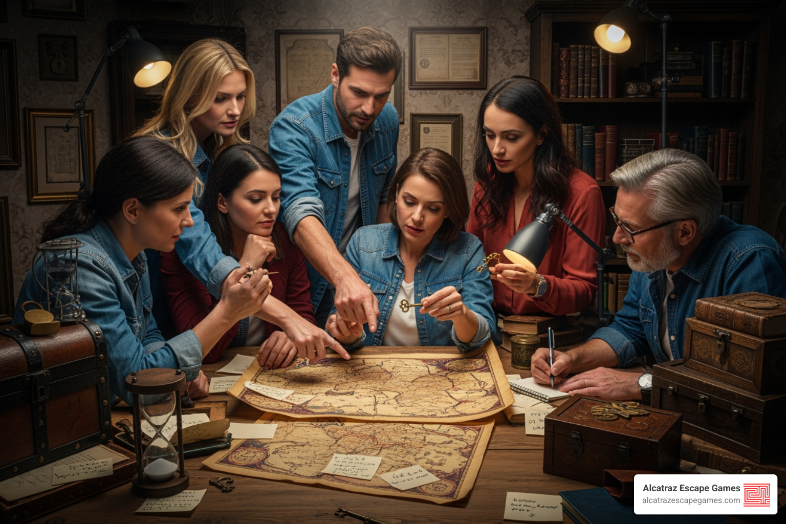 A team working together on a complex puzzle with maps and props - red giant escape room