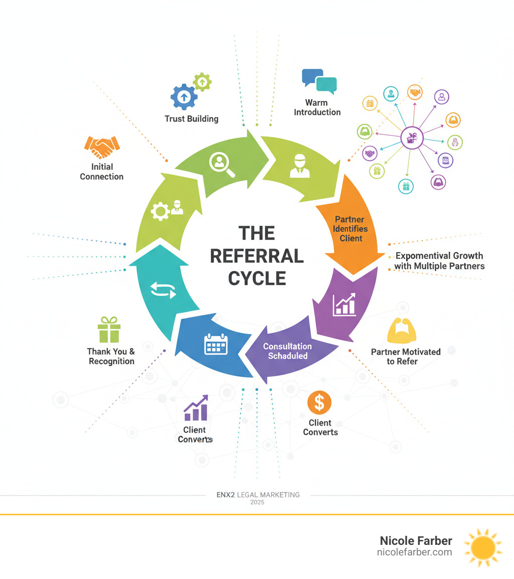 infographic showing the referral cycle: initial connection with professional partner, trust building through value exchange, partner identifies ideal client, warm introduction made, consultation scheduled, client converts, thank you and recognition sent to partner, partner motivated to refer again, cycle repeats with multiple partners creating exponential growth - building a referral network infographic 