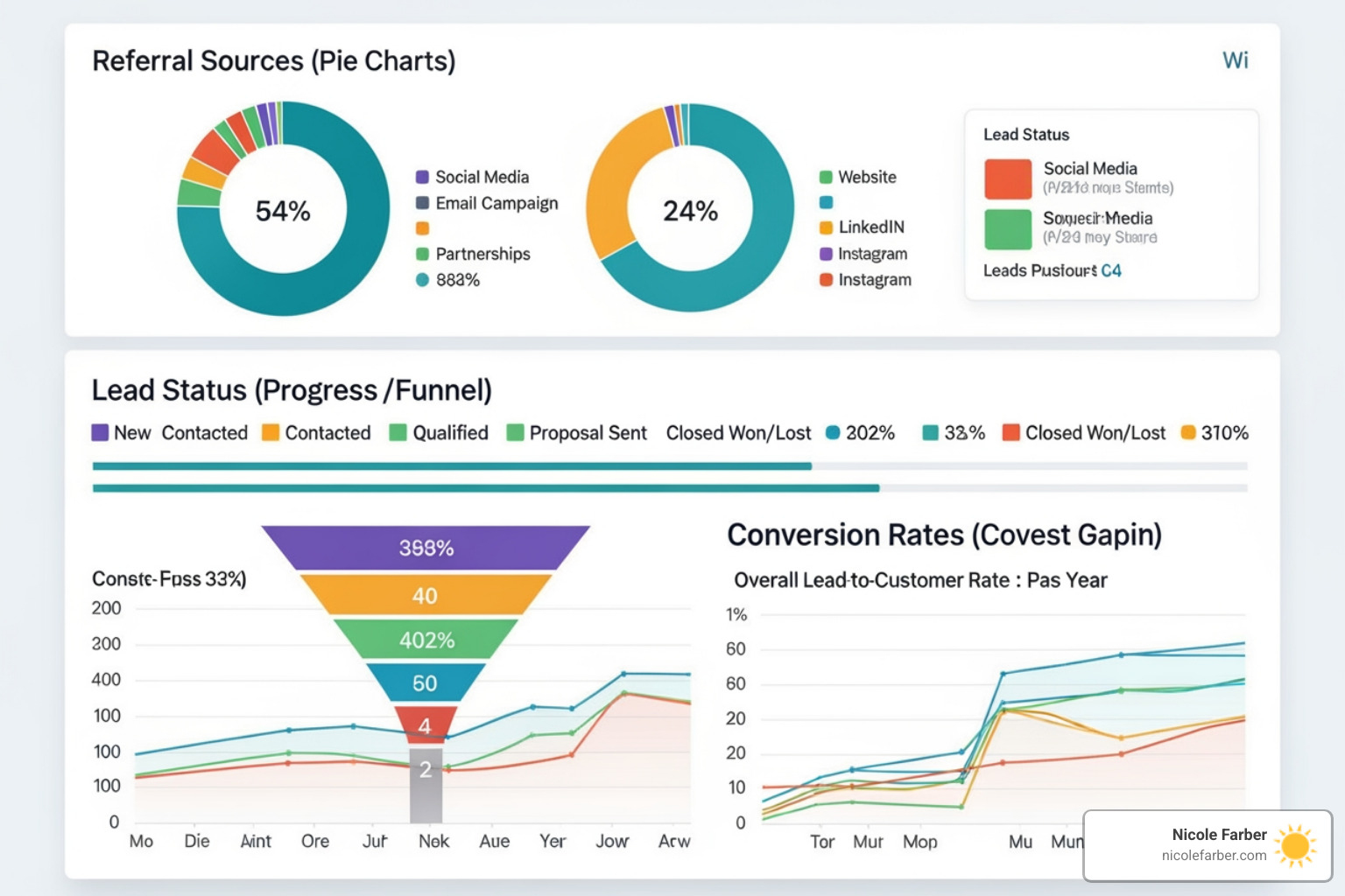 CRM dashboard tracking referral sources, showing lead status, source, and conversion rates - building a referral network