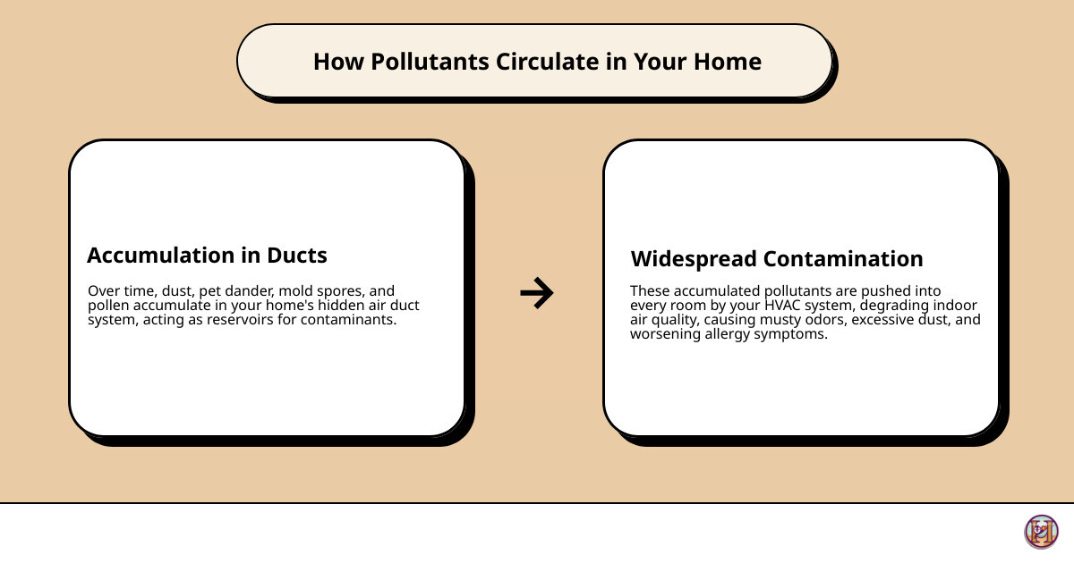 infographic showing how dust, pet dander, mold spores, and pollen accumulate in ductwork and circulate through a home's HVAC system, with arrows demonstrating airflow from dirty ducts to living spaces - duct cleaning services infographic cause_effect_text infographic showing how dust, pet dander, mold spores, and pollen accumulate in ductwork and circulate through a home's HVAC system, with arrows demonstrating airflow from dirty ducts to living spaces - duct cleaning services infographic cause_effect_text