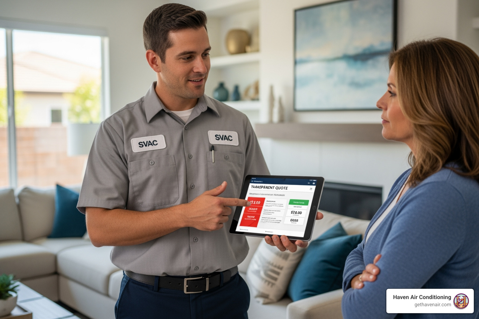 a skilled HVAC technician in a clean uniform explaining a transparent quote to a homeowner in a modern Irvine home, pointing to a tablet with clear figures - duct cleaning services a skilled HVAC technician in a clean uniform explaining a transparent quote to a homeowner in a modern Irvine home, pointing to a tablet with clear figures - duct cleaning services