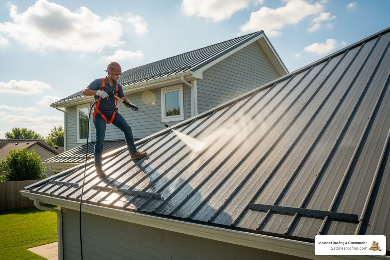 A roofing professional safely pressure washing a metal roof. - metal roof maintenance cost A roofing professional safely pressure washing a metal roof. - metal roof maintenance cost