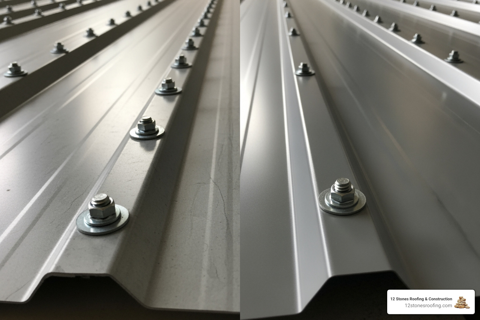 A side-by-side comparison of a screw-down metal panel and a standing seam metal panel, highlighting the exposed fasteners on the screw-down and the hidden fasteners on the standing seam. - metal roof maintenance cost A side-by-side comparison of a screw-down metal panel and a standing seam metal panel, highlighting the exposed fasteners on the screw-down and the hidden fasteners on the standing seam. - metal roof maintenance cost