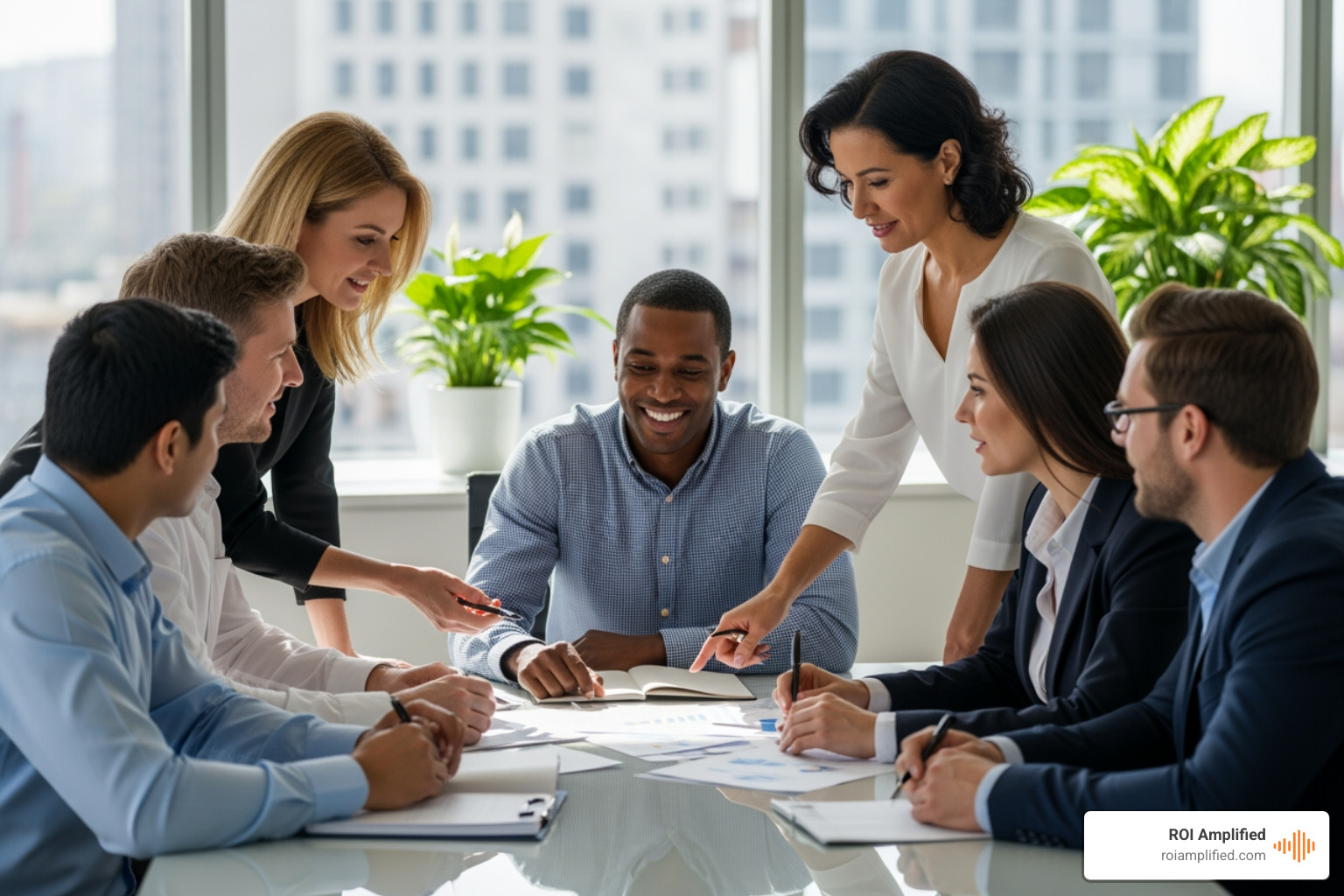 ROI Amplified's diverse, expert team collaborating in a modern office - digital marketing company naples florida ROI Amplified's diverse, expert team collaborating in a modern office - digital marketing company naples florida
