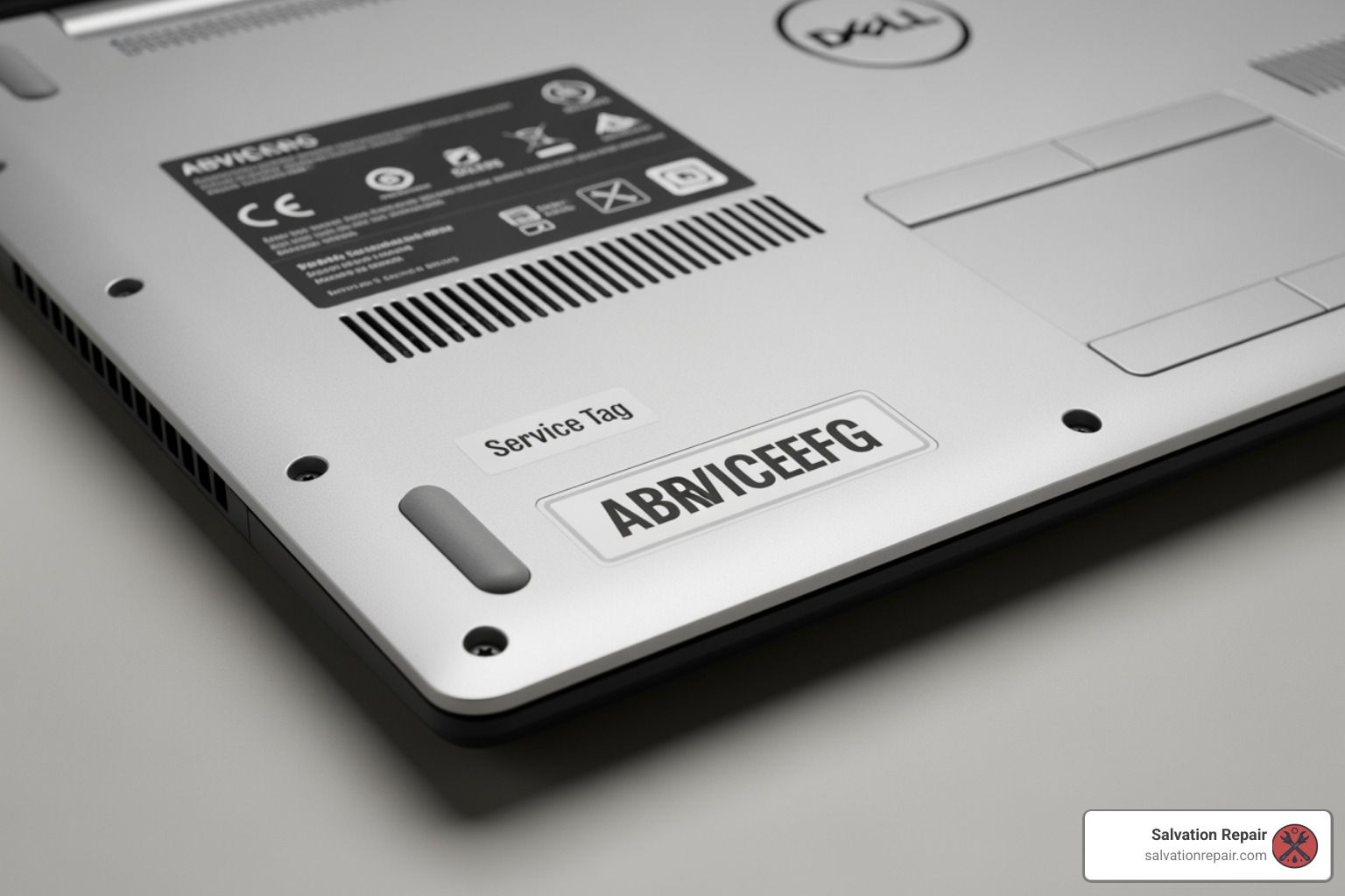 Dell laptop underside with Service Tag highlighted - dell computer laptop repair