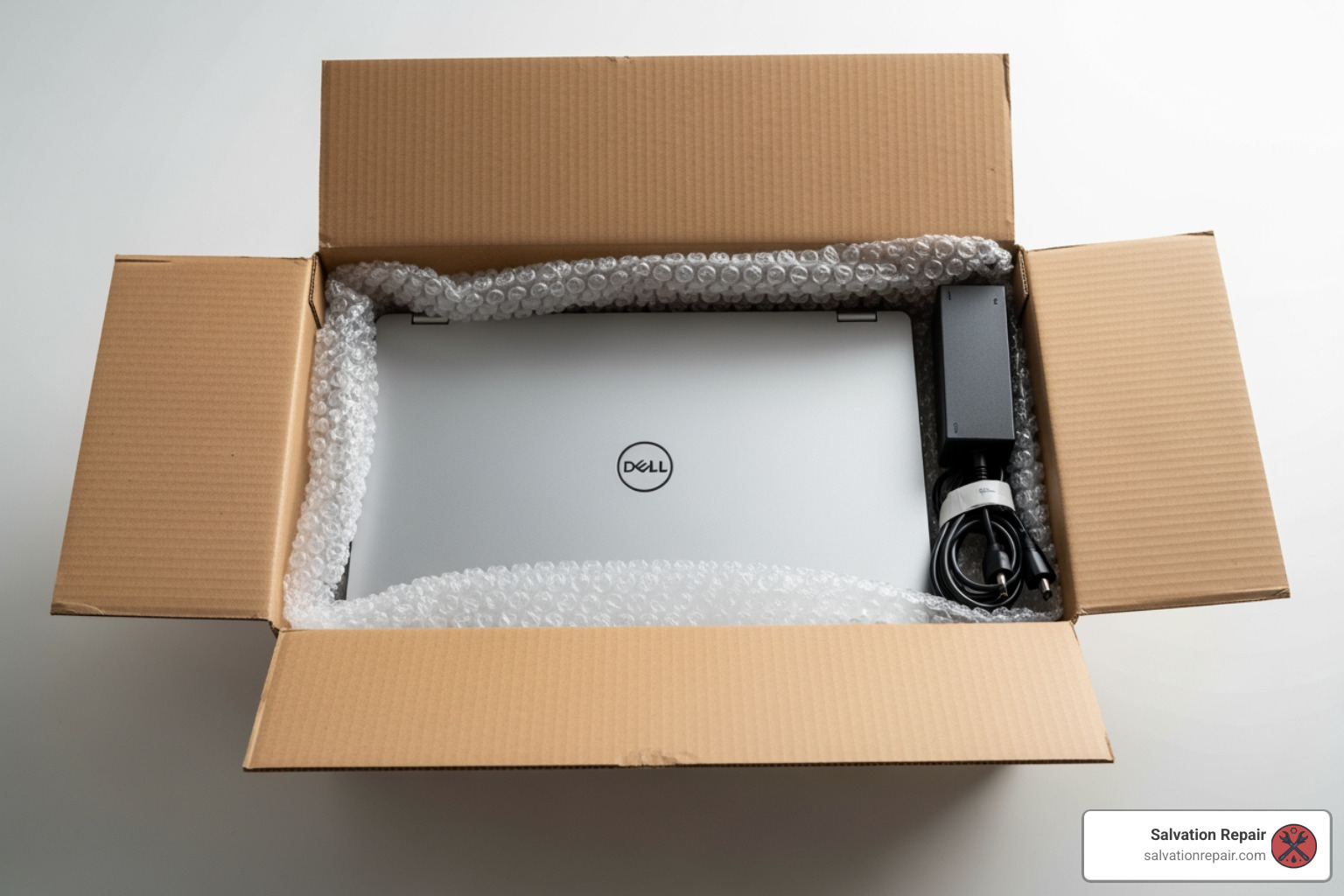Shipping box with a Dell laptop, bubble wrap, and an AC adapter - dell computer laptop repair