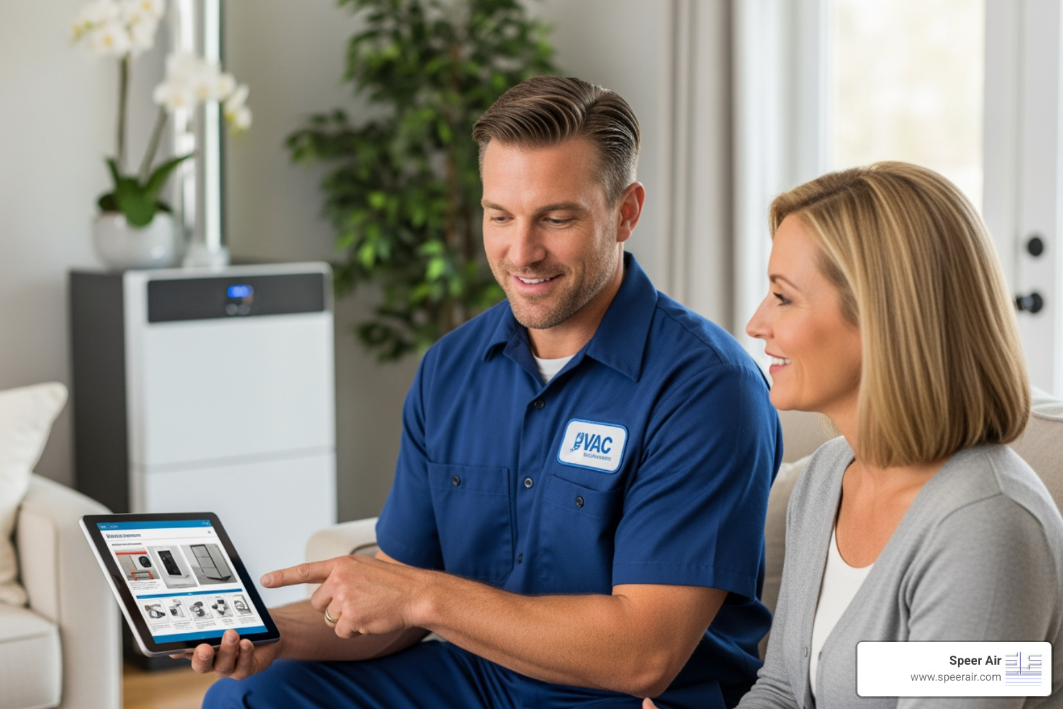 homeowner technician reviewing heating system options - heating installation denville homeowner technician reviewing heating system options - heating installation denville