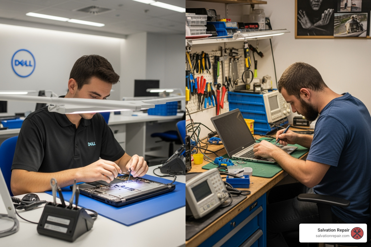 Side-by-side comparison of a Dell-certified technician working on a laptop in a clean, branded environment, versus a local repair shop technician in a more casual setting, both focused on precision repair. - dell computer laptop repair