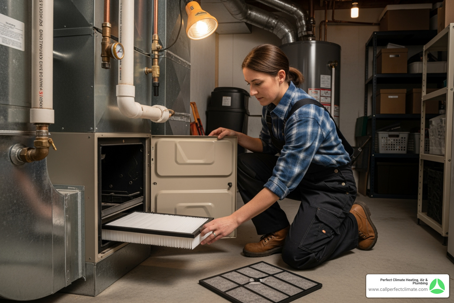 A homeowner confidently changing a furnace air filter, demonstrating a simple yet effective DIY heating maintenance task - heating maintenance in haubstadt in