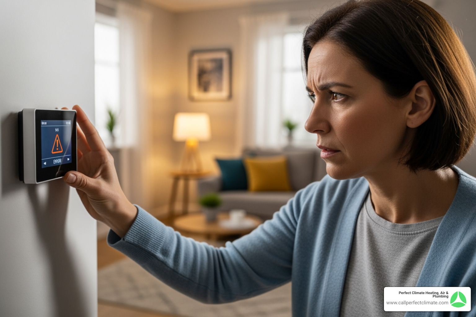 A homeowner looking concerned at their thermostat, with a visible "SERVICE REQUIRED" message, indicating a heating system problem - heating maintenance in haubstadt in