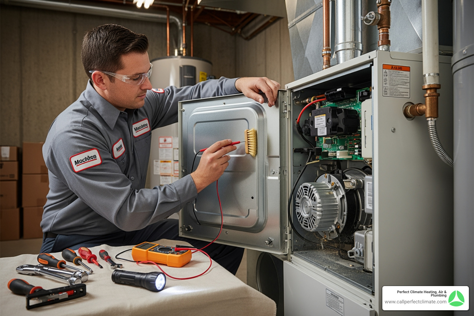 A Perfect Climate Heating & Air technician performing a detailed tune-up on a furnace, checking components and ensuring optimal performance - heating maintenance in haubstadt in