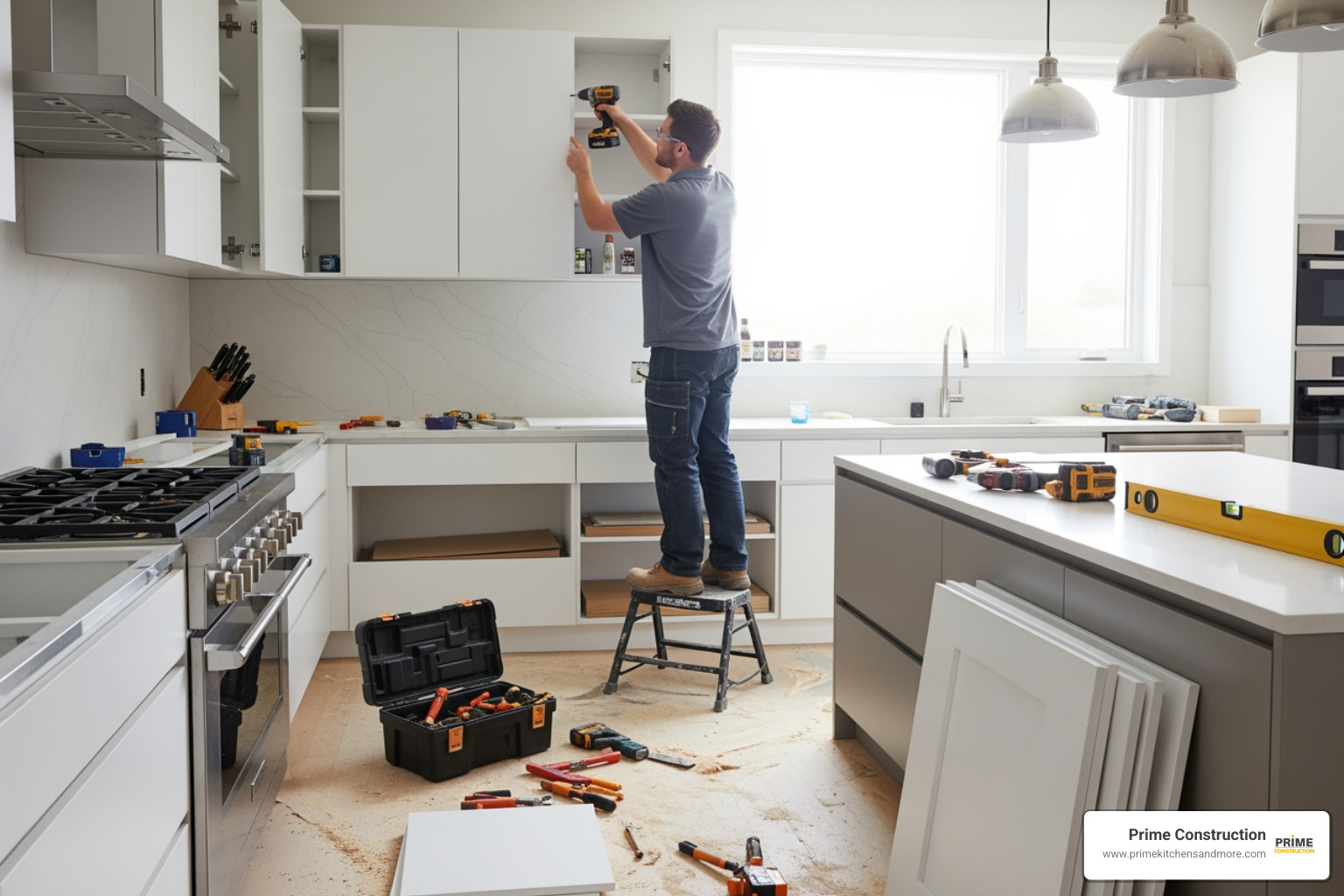 contractor installing custom kitchen cabinets - kitchen remodeling services Orlando