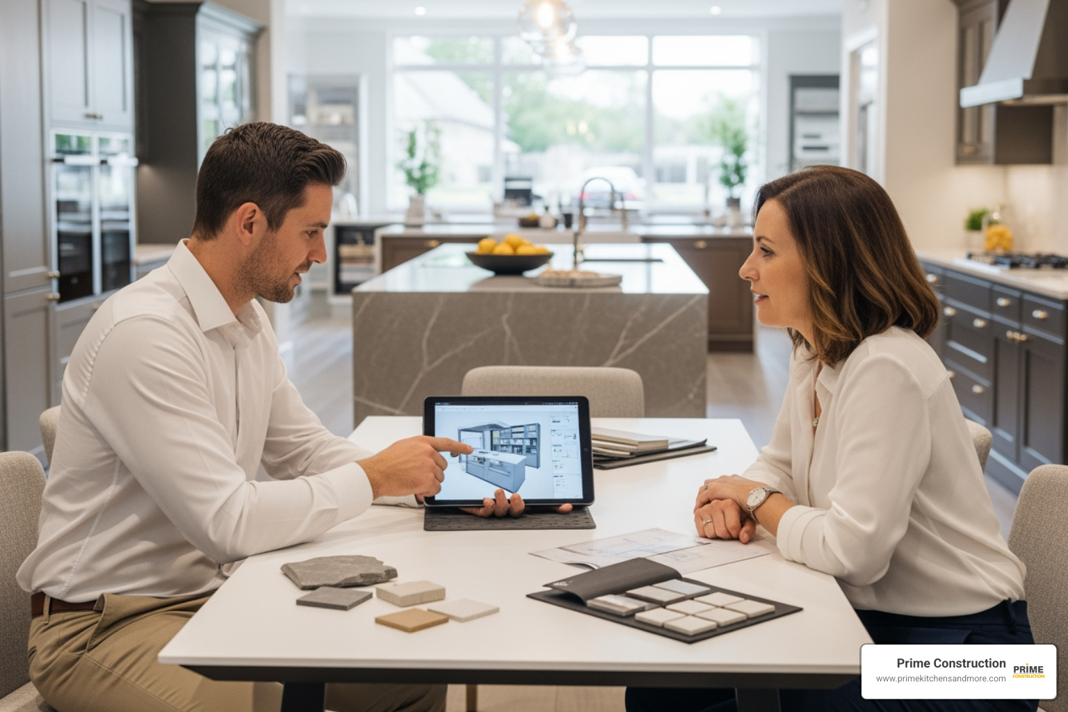 designer and homeowner reviewing 3d kitchen design plans on a tablet - kitchen remodeling services Orlando