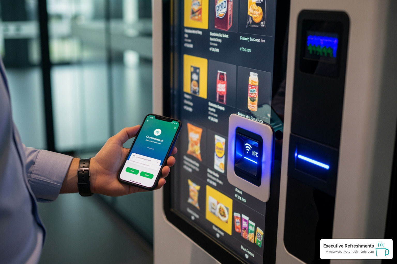 user paying with mobile phone at smart vending machine - Office Vending user paying with mobile phone at smart vending machine - Office Vending
