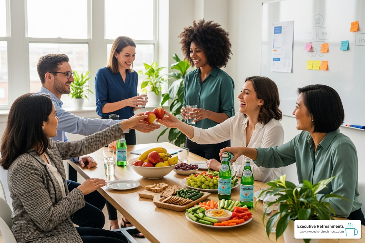 happy employees collaborating in a breakroom with healthy snacks - Office Vending happy employees collaborating in a breakroom with healthy snacks - Office Vending