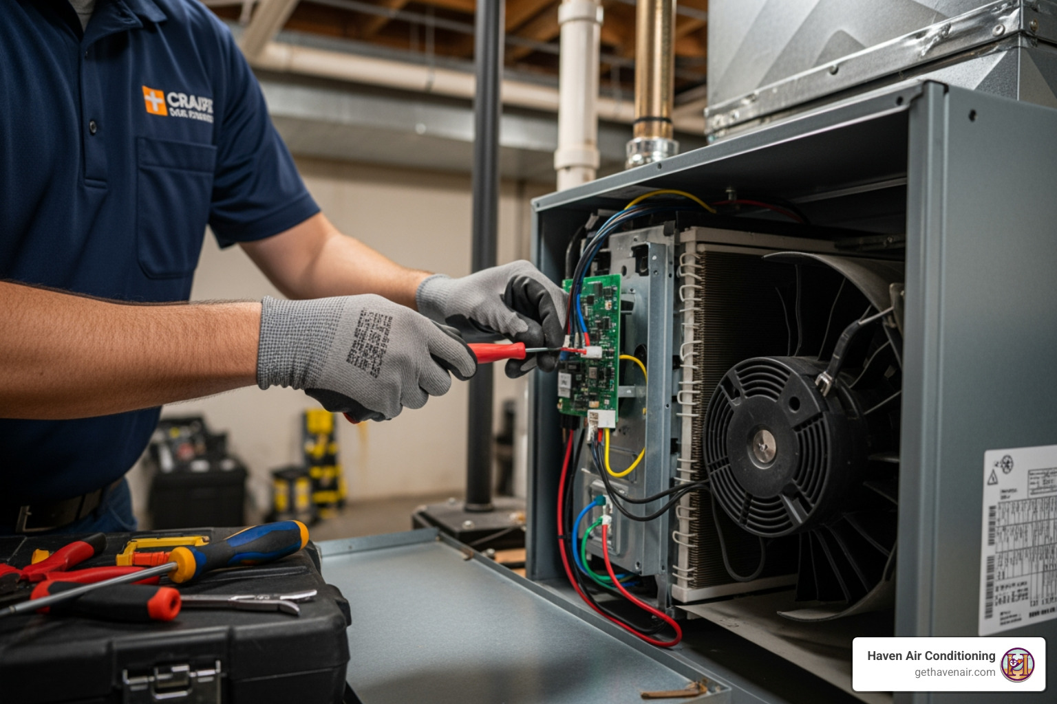 A certified technician carefully installing an indoor air handler - heat pump installation