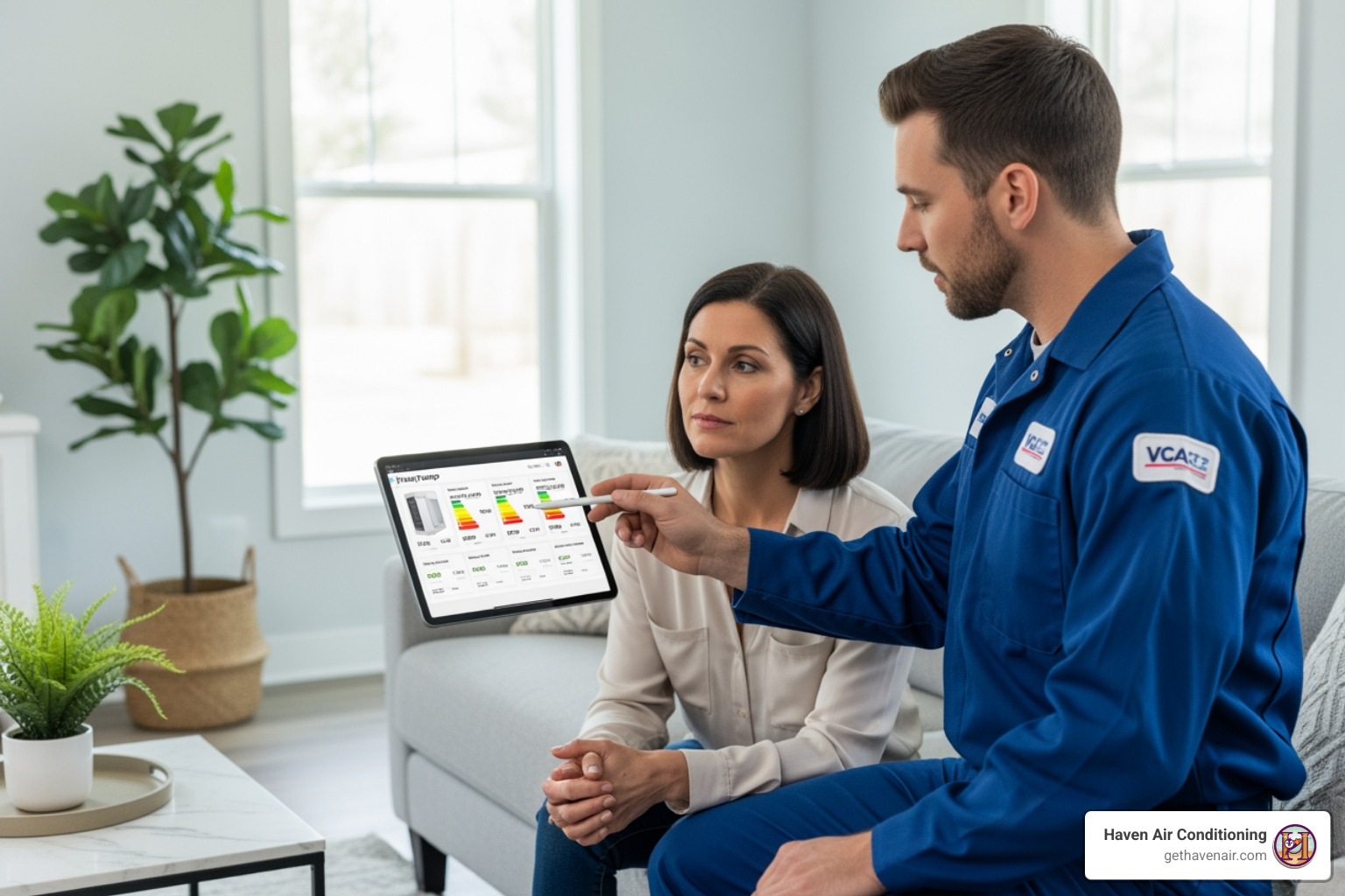 A technician showing a homeowner different heat pump options on a tablet - heat pump installation
