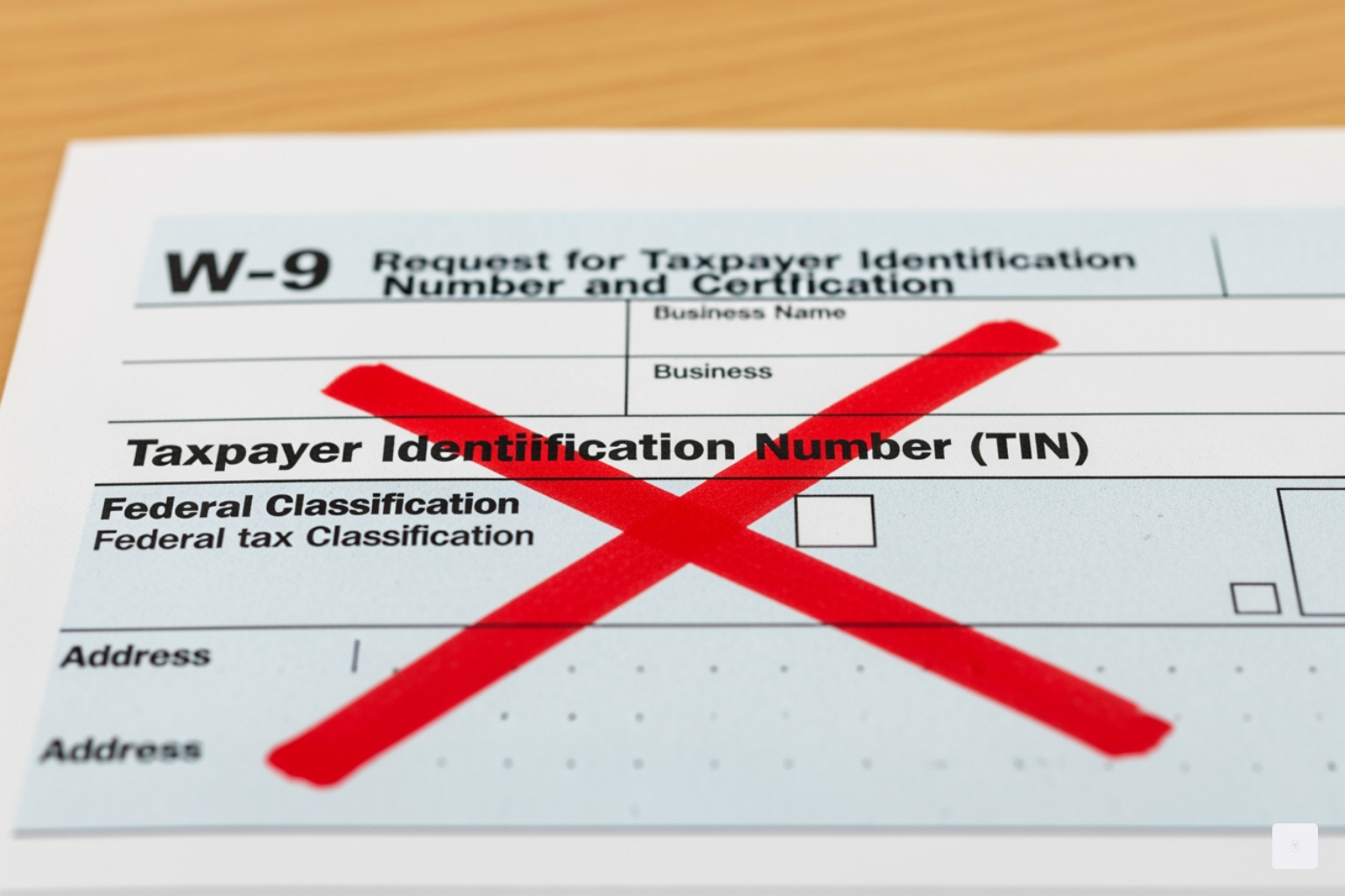 W-9 form with a red "X" over a common mistake like an incorrect TIN - free W9 form online