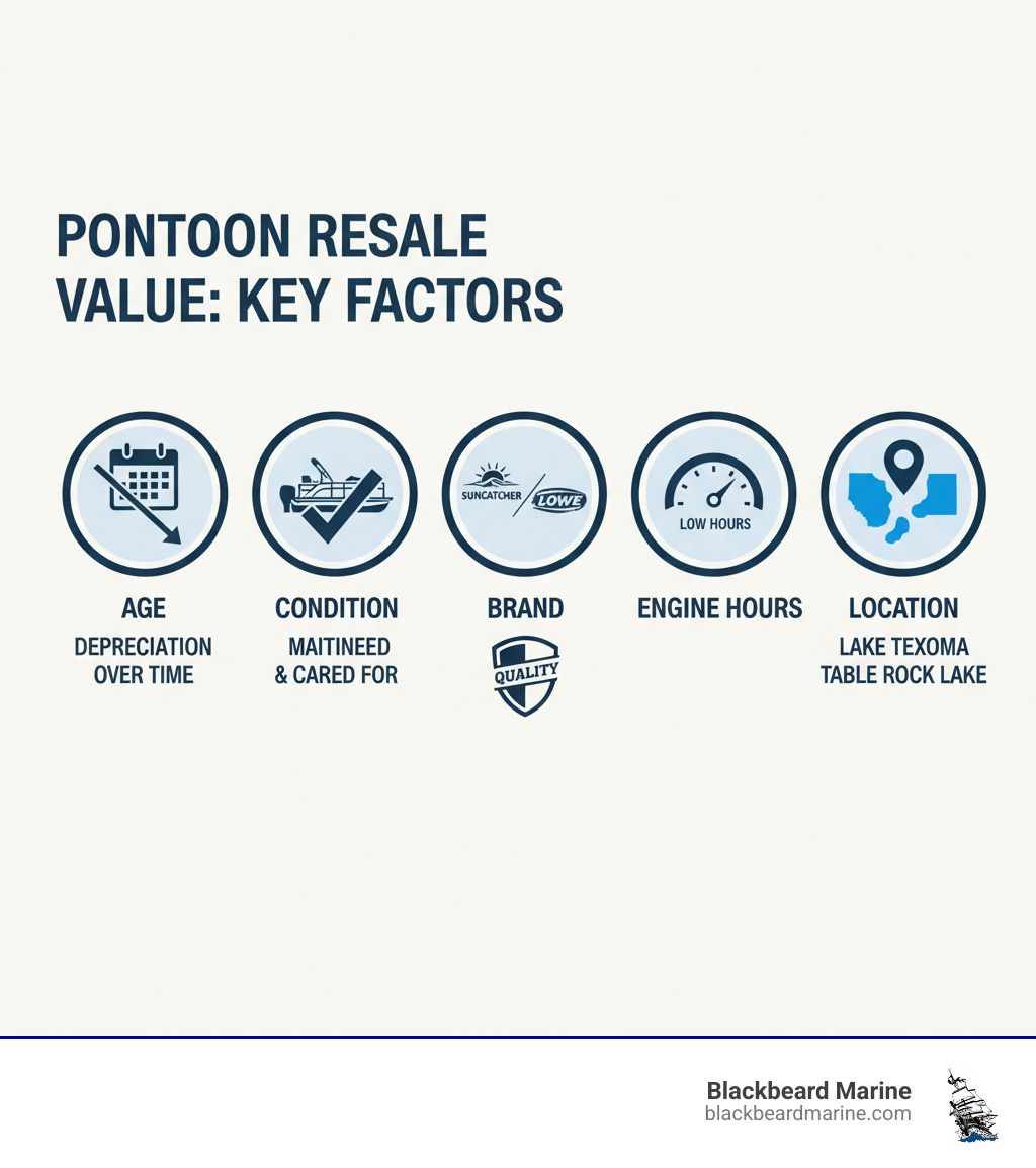 Infographic showing five circular icons representing the key factors of pontoon boat resale value: Age (calendar icon showing depreciation timeline), Condition (checkmark on pontoon showing maintenance), Brand (Suncatcher and Lowe logos with quality badge), Engine Hours (gauge showing low hours), and Location (map pin showing Lake Texoma and Table Rock Lake regions) - pontoon boat resale value infographic Infographic showing five circular icons representing the key factors of pontoon boat resale value: Age (calendar icon showing depreciation timeline), Condition (checkmark on pontoon showing maintenance), Brand (Suncatcher and Lowe logos with quality badge), Engine Hours (gauge showing low hours), and Location (map pin showing Lake Texoma and Table Rock Lake regions) - pontoon boat resale value infographic