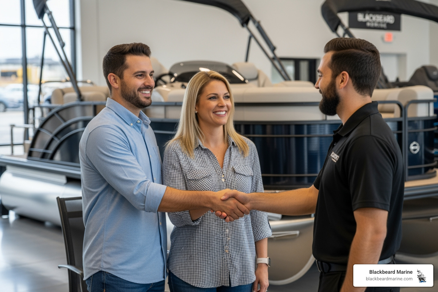 Happy couple shaking hands with a salesperson at a Blackbeard Marine dealership - pontoon boat resale value Happy couple shaking hands with a salesperson at a Blackbeard Marine dealership - pontoon boat resale value