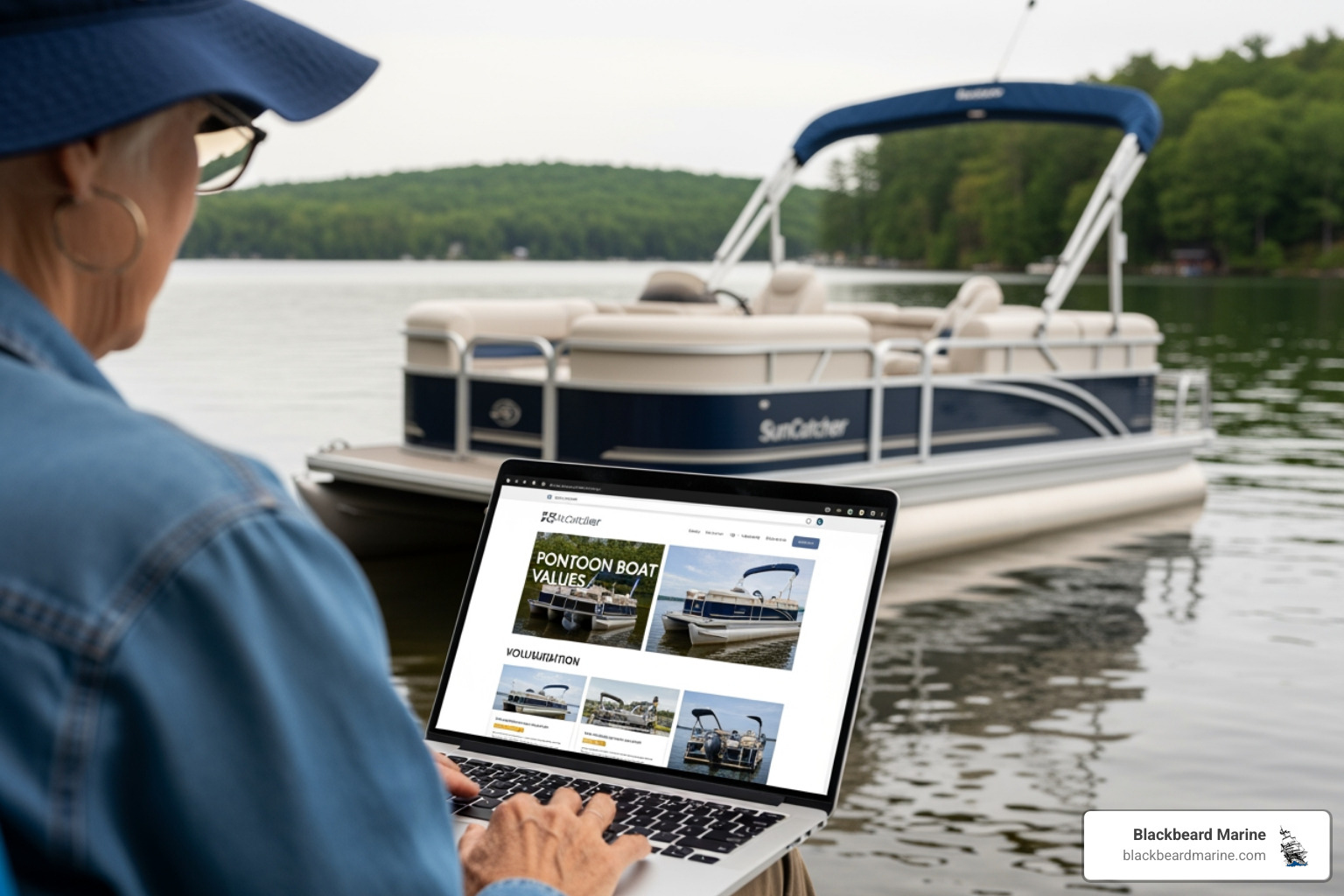 Someone using a laptop to look up Suncatcher pontoon boat values - pontoon boat resale value Someone using a laptop to look up Suncatcher pontoon boat values - pontoon boat resale value