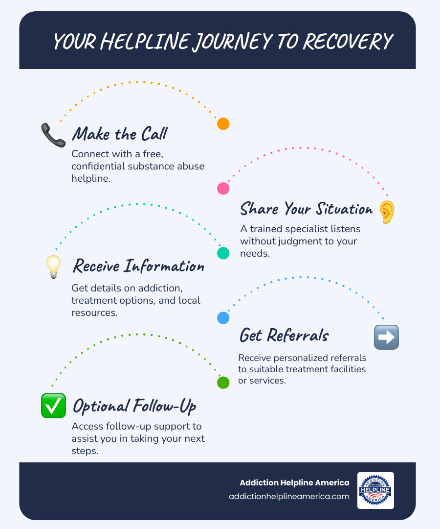 Infographic showing the helpline process: Step 1 - You call the substance abuse helpline (free and confidential); Step 2 - A trained specialist listens to your situation without judgment; Step 3 - Specialist provides information on addiction, treatment options, and local resources; Step 4 - You receive personalized referrals to treatment facilities or support services; Step 5 - Optional follow-up support to help you take the next steps toward recovery - substance abuse helpline infographic infographic-line-5-steps-blues-accent_colors