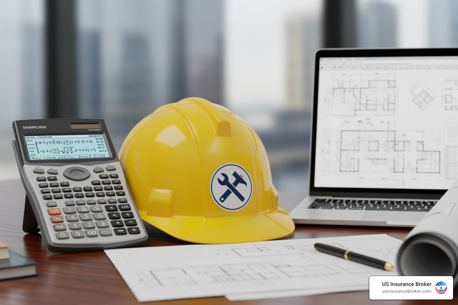 calculator and business-related items like a hard hat and a laptop - business insurance quotes