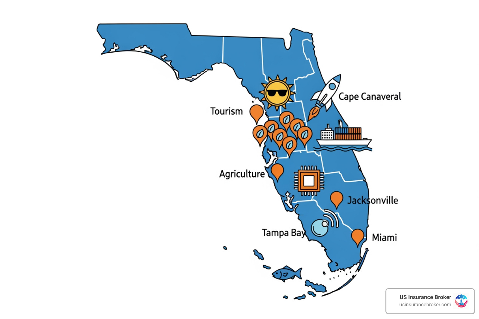 Florida map with icons for major industries - business insurance quotes