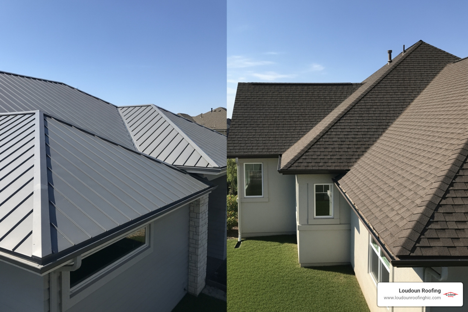 A side-by-side comparison of a stylish metal roof and a classic architectural shingle roof - loudoun county roofing company