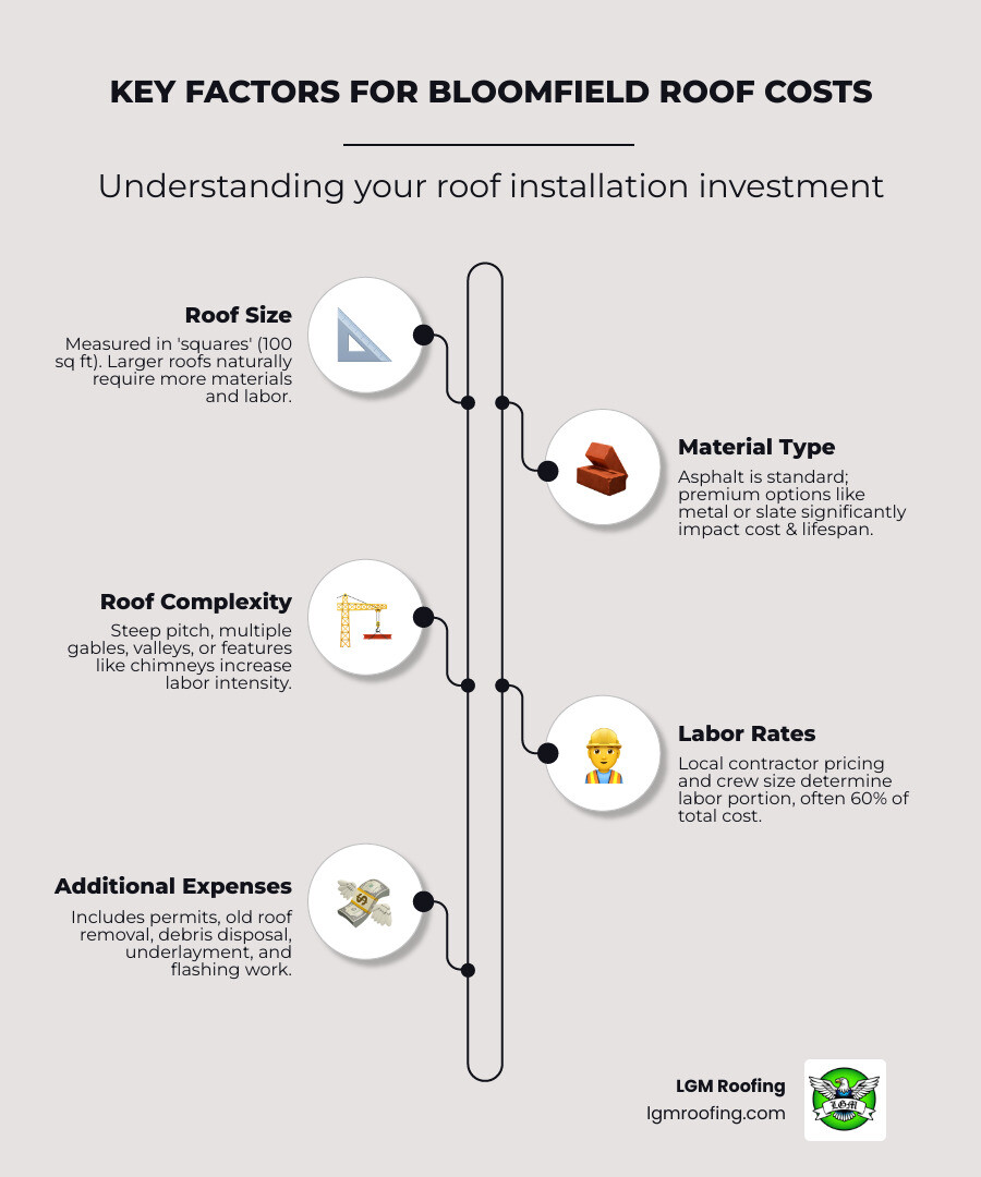 Infographic showing the five main factors affecting roof installation cost in Bloomfield: roof size measured in squares, material selection from asphalt to premium options, roof complexity including pitch and features like chimneys, labor costs from local contractors, and additional expenses like permits and disposal fees - roof installation cost bloomfield infographic infographic-line-5-steps-elegant_beige Key factors for Bloomfield roof costs infographic detailing roof size, material type, roof complexity, labor rates, and additional expenses, with LGM Roofing branding.
