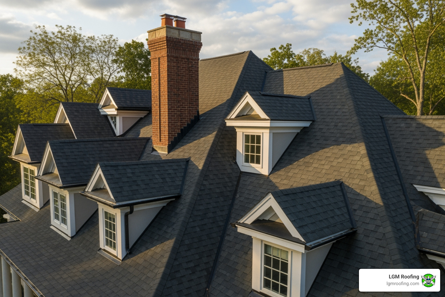 Image of a complex roof with multiple gables, valleys, and a chimney - roof installation cost bloomfield Roofing installation featuring a complex design with multiple gables and a prominent brick chimney, showcasing high-quality shingles and architectural details, relevant to roofing services and installation in Bloomfield, NJ.